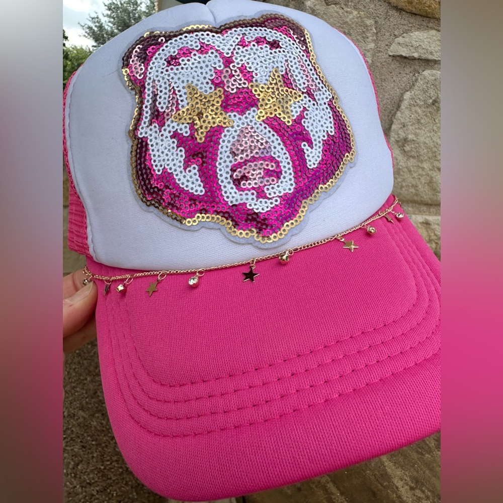 Pink Gold Star Sequin Bear Trucker Hat Cap with Gold Star Rhinestone Chain